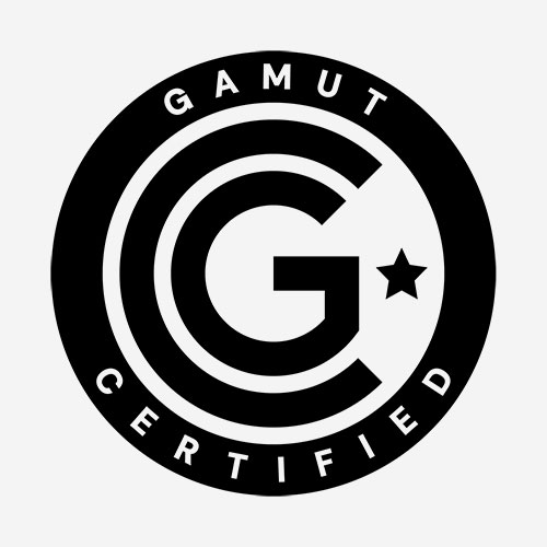 Seal logo has letter G inside letter C surrounded by a circle with the words GAMUT CERTIFIED inside, with a star the right of the G.