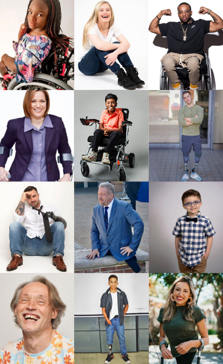 Collage of talent. Twelve photos of people of various ages with various disabilities. Includes kids and adults.